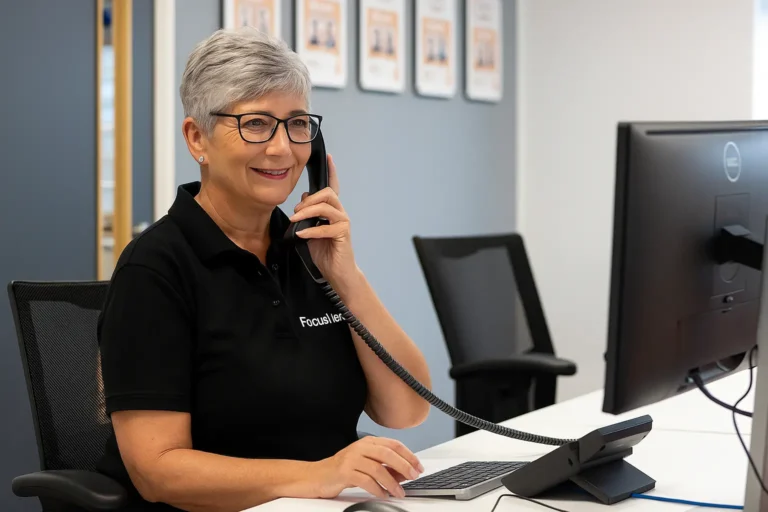 managed it support 2 A middle-aged woman in a "Focus ITech" polo shirt provides managed IT support over the phone while working at her desk in a modern office.