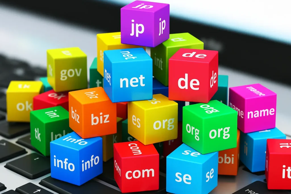 IT solutions 15 Colorful domain name cubes on a keyboard representing services by an IT solutions company