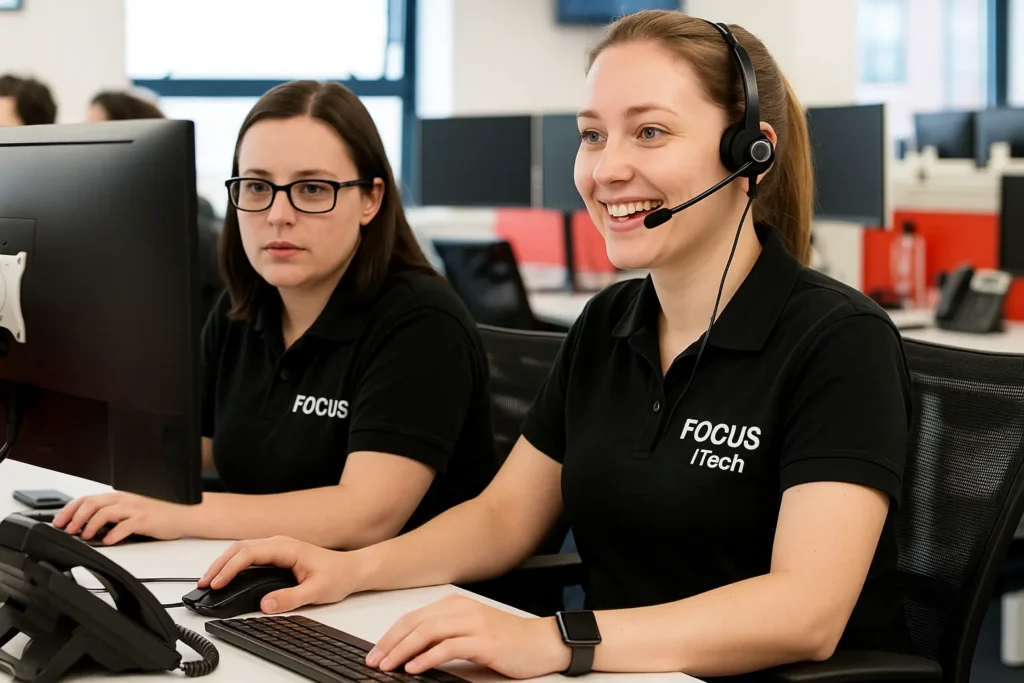Managed Cloud Services 1 Two female IT professionals at Focus ITech providing Managed Cloud Services, working with headsets and computers in a modern office environment.